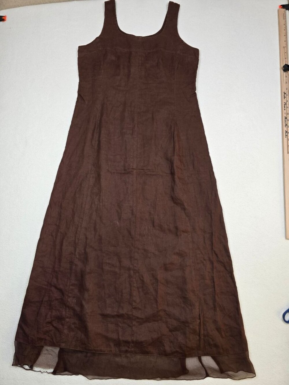 Johnny Was Brown Linen Sleeveless Maxi Dress Sheer Bottom Hem & Button Front M